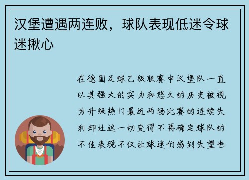 汉堡遭遇两连败，球队表现低迷令球迷揪心